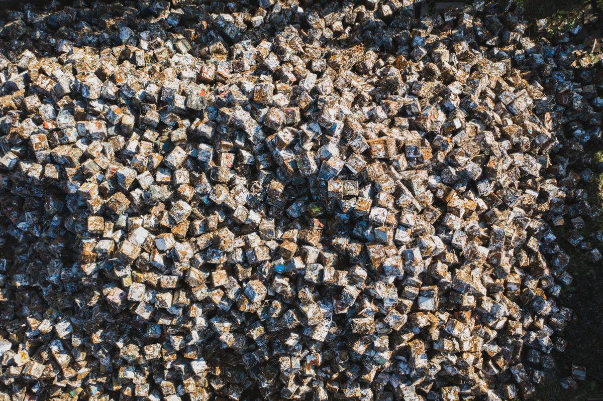 Aerial view of compacted recycled metal blocks