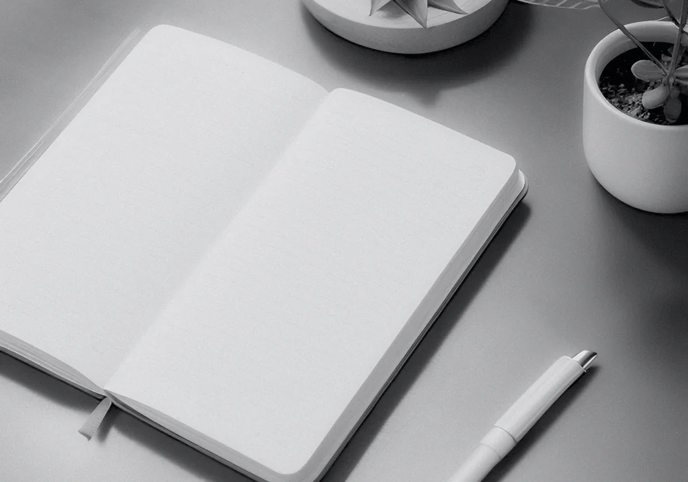 A blank open notebook and white pen beside a small potted plant